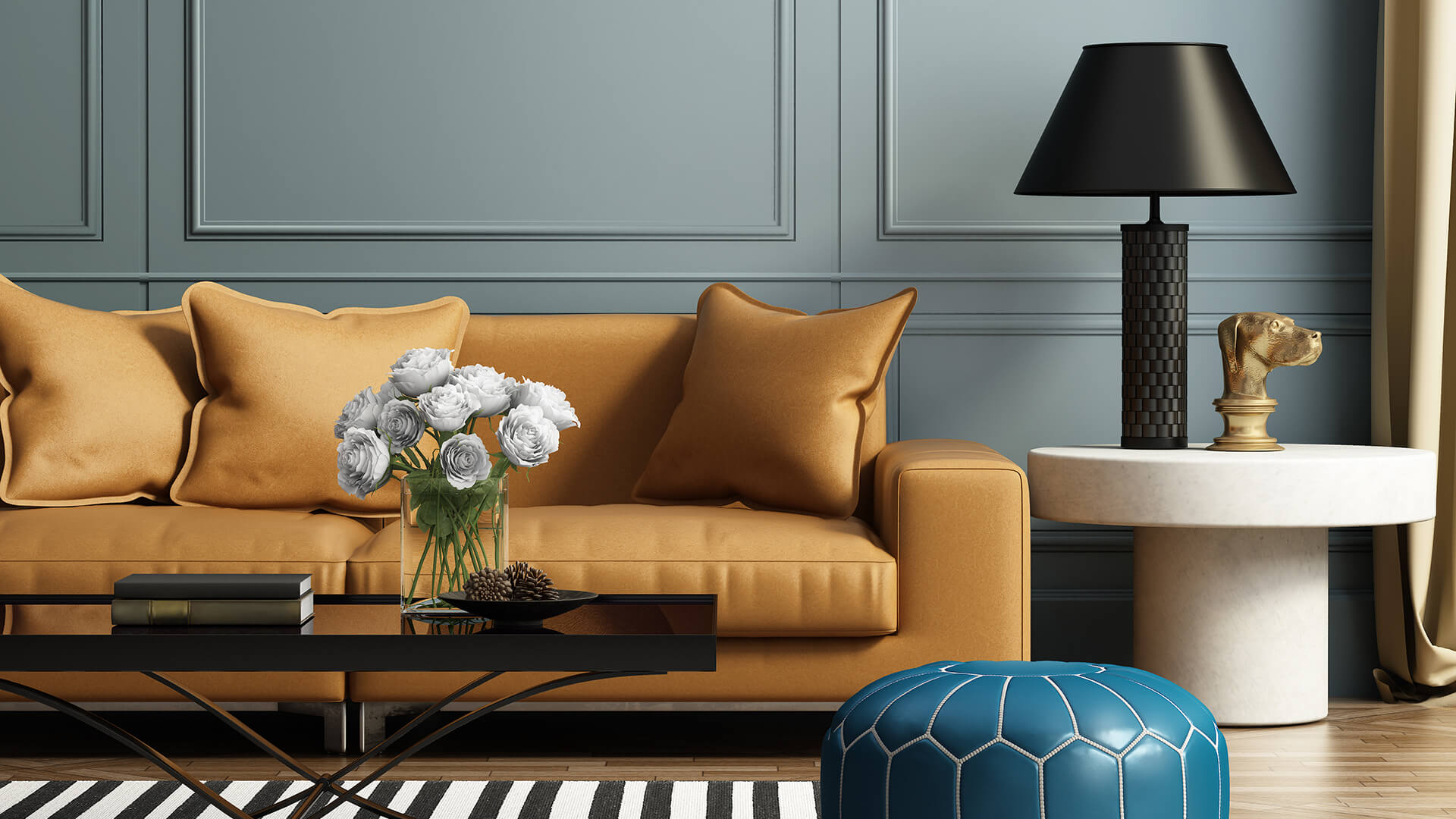 Modern living room with painted wall, mustard sofa, black lamp, coffee table, and decorative flowers
