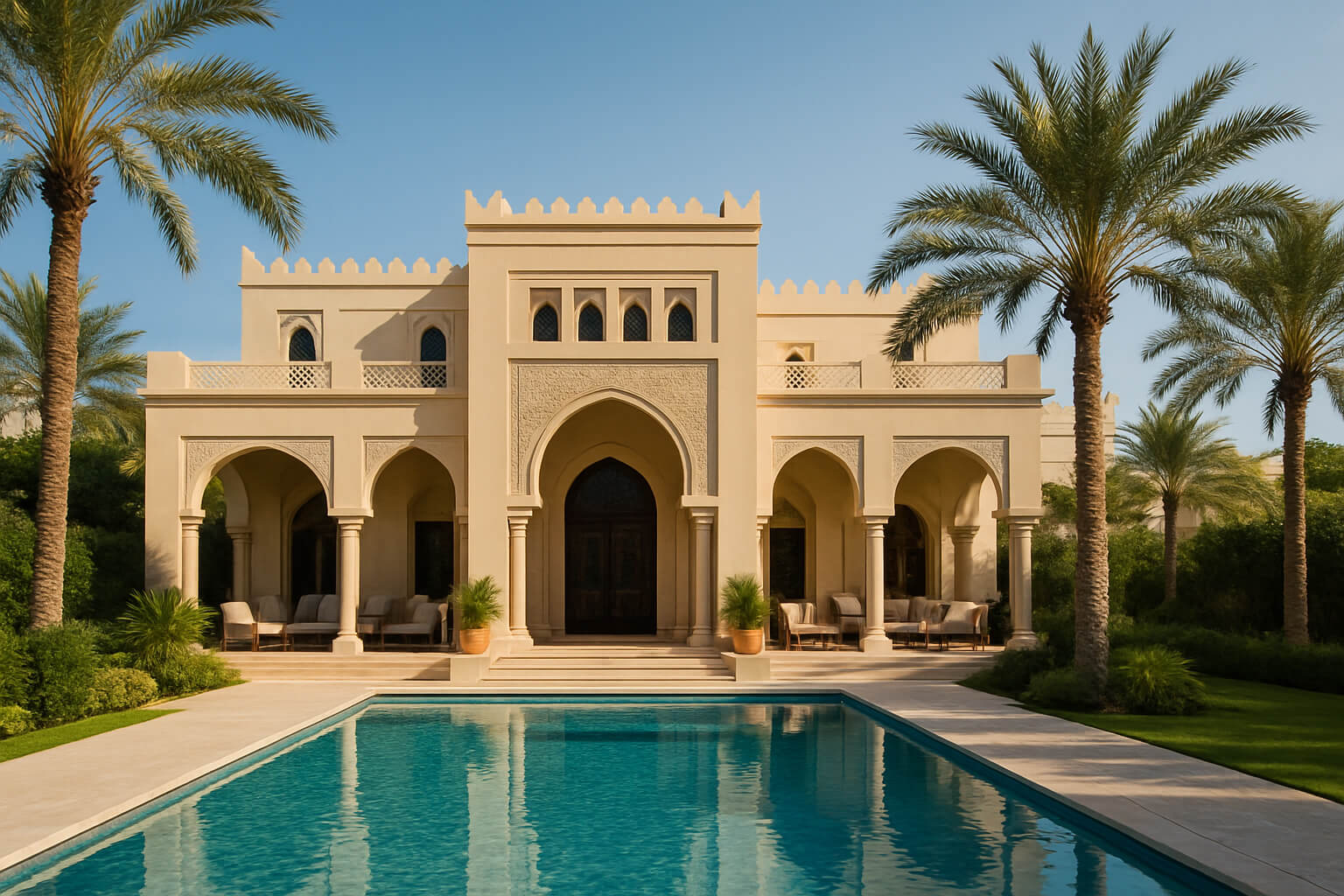 Stately beige mansion with a pool and palm trees on a clear day