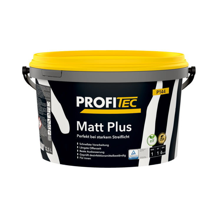 PROFITEC Matt Plus P144 interior wall paint in black bucket with yellow lid, 12.5 L